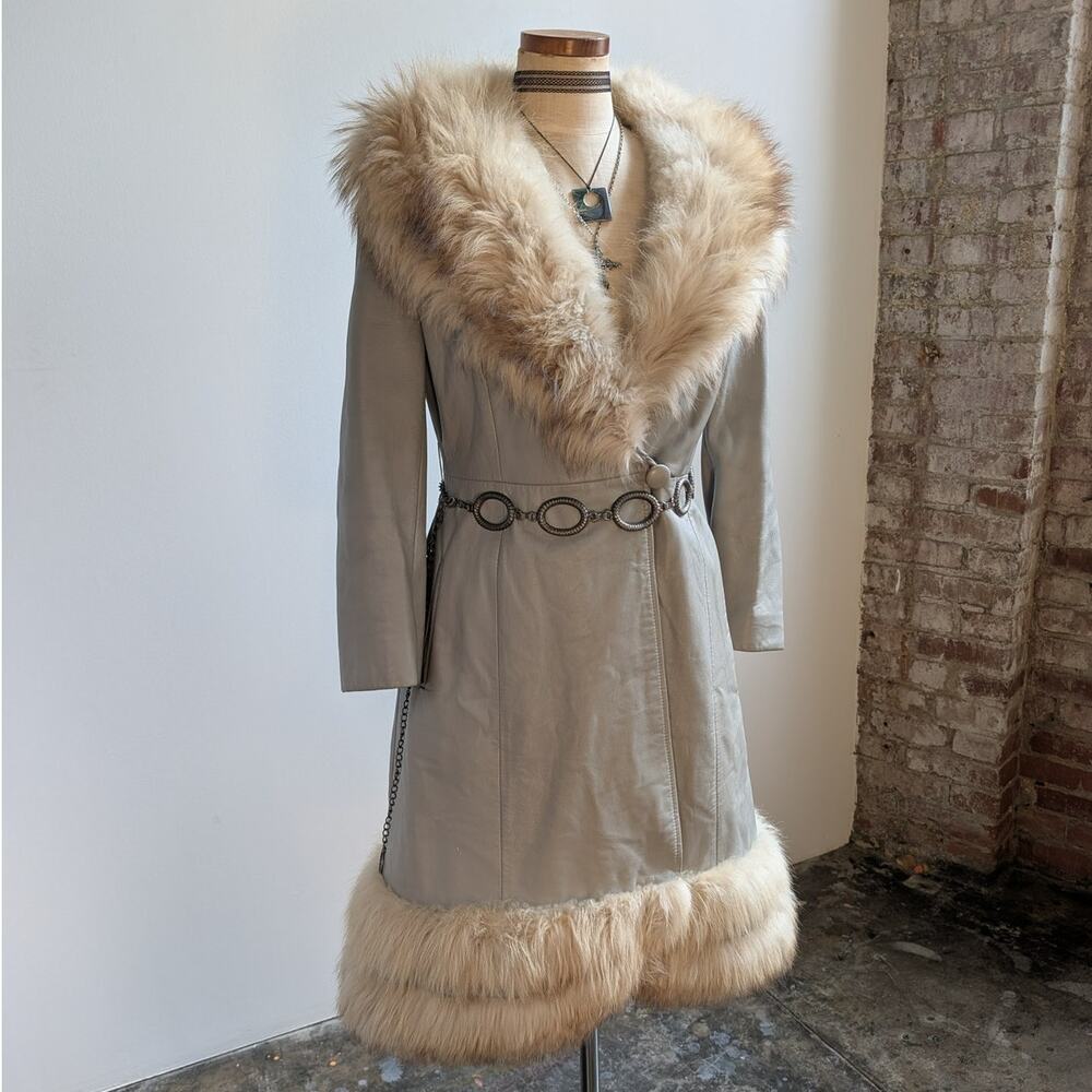 Vintage Leather Penny Lane Coat Grey Cream Fur Trim Trench Afghan Jacket Medium - Picture 7 of 12